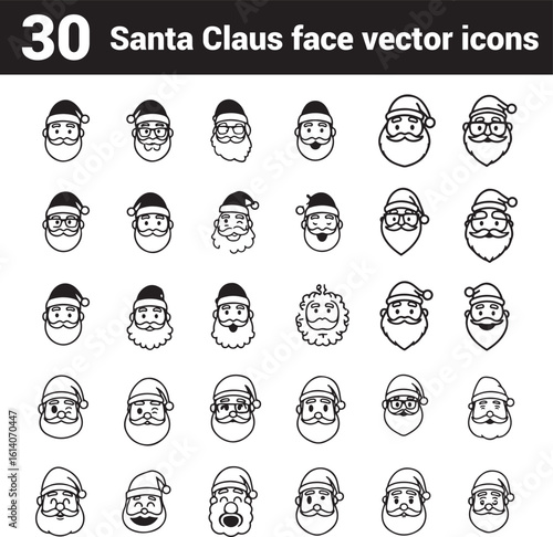 Thirty santa claus face vector icons in a grid pattern with different expressions and styles