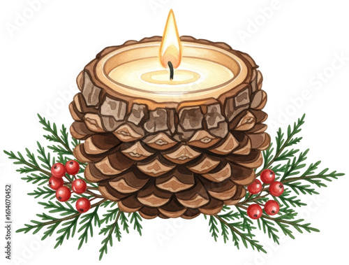 watercolor pinecone candle with flame and berries clip art preview