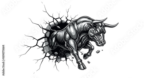 Dynamic bull breaking through wall with cracks