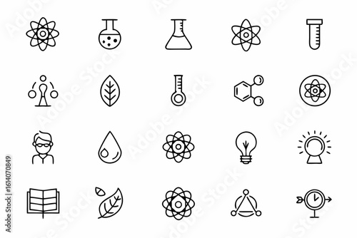 A conceptual minimalist collection illustrating abstract scientific inquiry and lab research in flowing single lines. Excellent for medical illustration sets or academic infographics