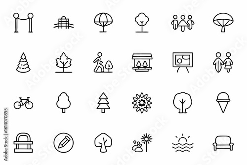 A family-friendly line art pack celebrating the social and green space of parks with organic, flowing outlines. Ideal for park maps, digital planning apps, and educational materials