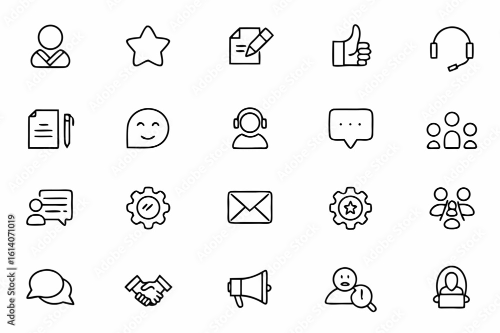 Fototapeta premium A user-focused line art set highlighting friendly, timely, and efficient customer service. Ideal for UI/UX designers and client relationship visuals