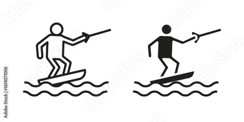Wakeboarding icon in a black stroke vector design and flat solid version on white background