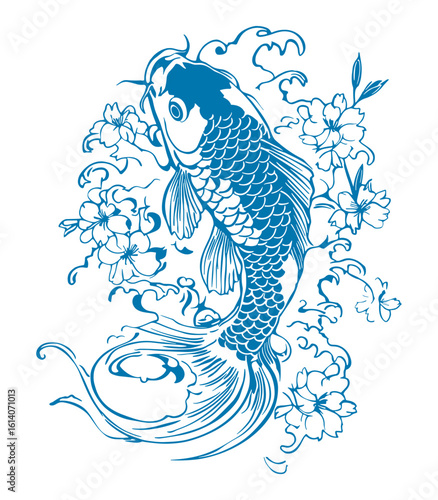 Blue koi carp fish swimming among sakura flower and water splash. Asian fish symbol Good luck and fortune. Vector illustration for tattoo, design, poster, print