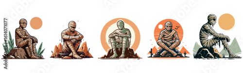 Five illustrations of a seated figure in different outdoor settings, each with a sun or moon.