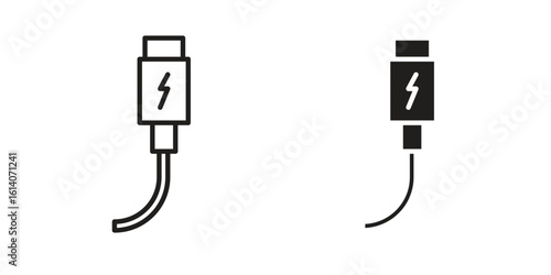 USB type c icon in a black stroke vector design and flat solid version on white background