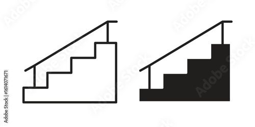 Stairs icon in a black stroke vector design and flat solid version on white background