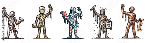 Five cartoon mummies in various poses, some holding objects like scrolls and drinks.