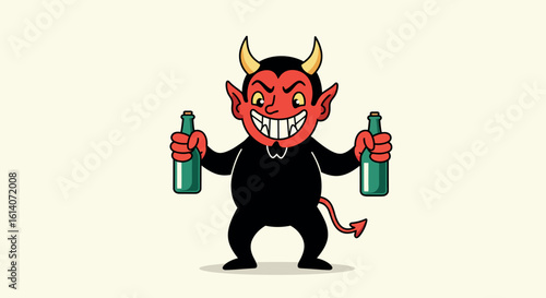 Cheerful cartoon devil with bottles: playful character with a smile