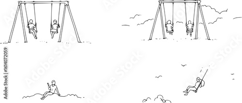Minimalist Ink Art Depicting a Swingset and Swinging Figures with Clean Lines on Pastel Paper, Set Against a Dreamy Cloud Background, Perfect for Soft and Artistic Design Projects