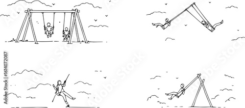 Minimalist Ink Art Depicting a Swingset and Swinging Figures with Clean Lines on Pastel Paper, Set Against a Dreamy Cloud Background, Perfect for Soft and Artistic Design Projects