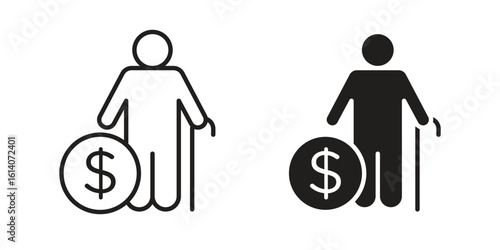 Retirement icon in a black stroke vector design and flat solid version on white background