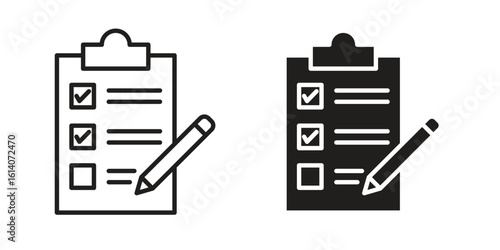 Requirements icon in a black stroke vector design and flat solid version on white background