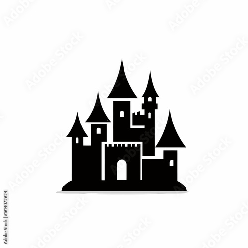 Black silhouette of a fairytale castle with pointed towers. Simple vector icon of a medieval fortress.