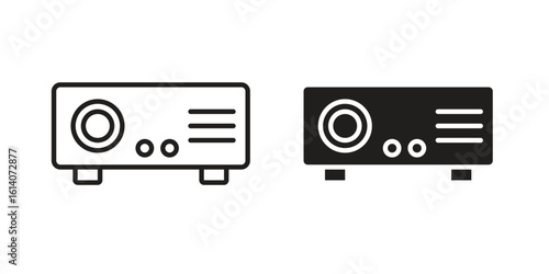 Projector icon in a black stroke vector design and flat solid version on white background