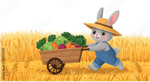 Cute bunny farmer in overalls pushing cart of fresh vegetables through golden wheat field