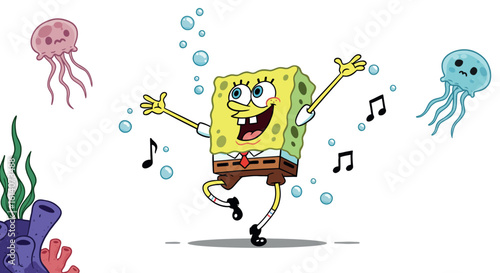Cheerful cartoon sea sponge dancing with music notes and jellyfish