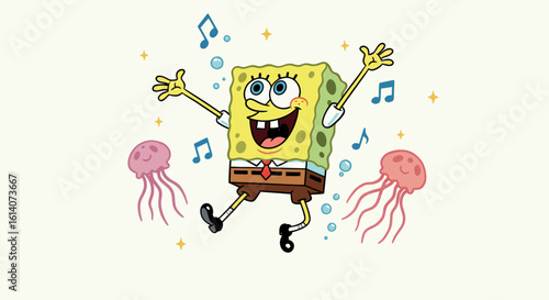 Happy yellow character with jellyfish and music notes