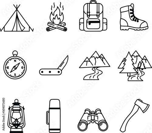Silhouette outdoor adventure camping icons travel gear vector illustrator