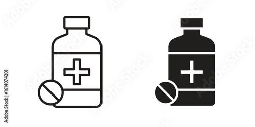 Medicine bottle icon in a black stroke vector design and flat solid version on white background