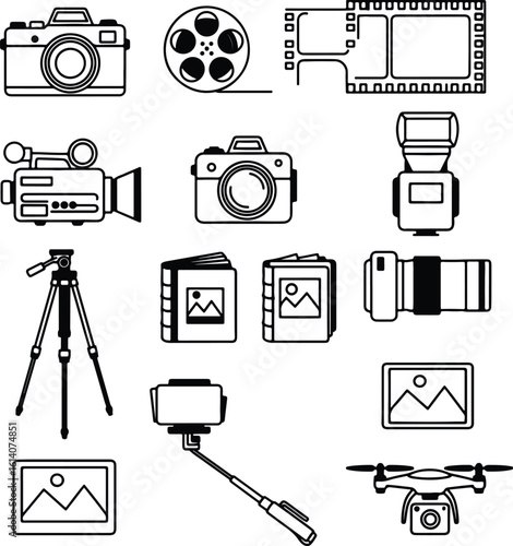 Silhouette photography and videography equipment icons vector illustrator