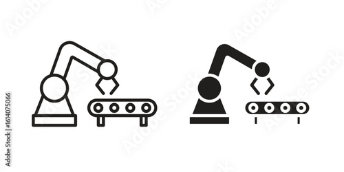 Industrial robot icon in a black stroke vector design and flat solid version on white background