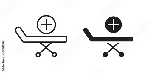 Hospital bed icon in a black stroke vector design and flat solid version on white background