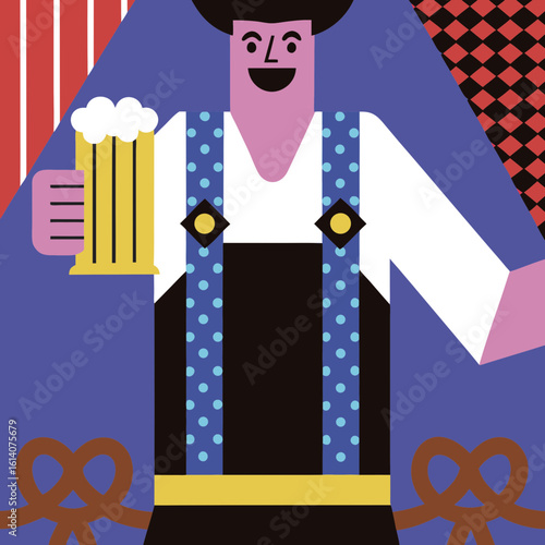 Cartoon man holding beer mug in traditional Oktoberfest  outfit with festive background  