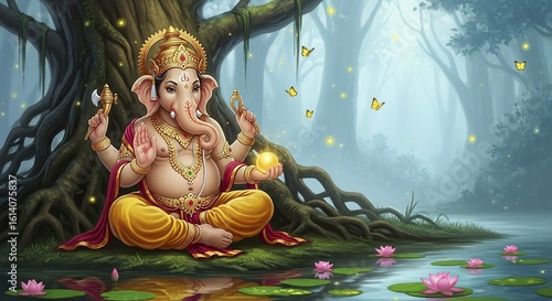 Illustrative depiction of lord ganesha seated in a tranquil forest by a serene lotus pond