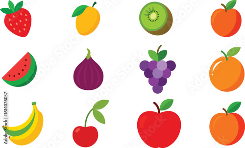 Set of Colorful fruits vector. Editable eps file illustration Apple, Bananas, Cherry, Fig, Grapes, Kiwi, mango, Nectarine, Orange, Strawberry, Tomato, Watermelon
