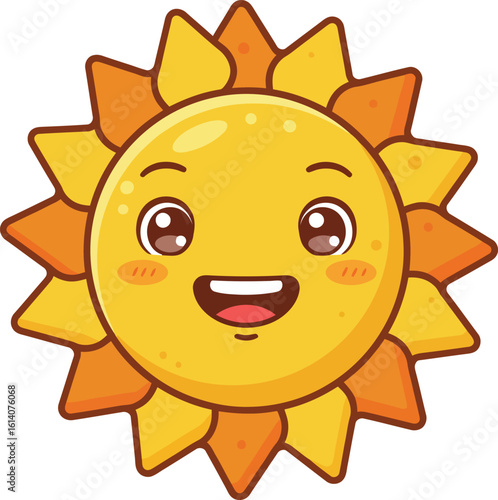 Smiling Cartoon Sun Face – Happy Yellow Sunshine Character Vector with Playful Rays for Kids, Weather, and Educational Design