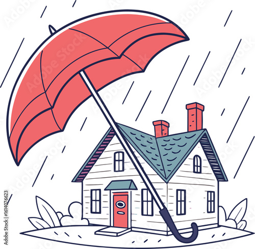 A charming cartoon cottage with a protective umbrella floats in the sky, symbolizing real estate security and innovative architectural design, jpg.