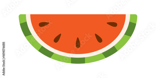 Vector slice of watermelon illustration. Juicy red pulp with seeds and green rind in flat style. Summer fruit clipart. Tropical tasty watermelon.