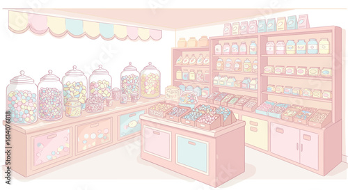 Charming candy shop interior in pastel colors with sweet treats display