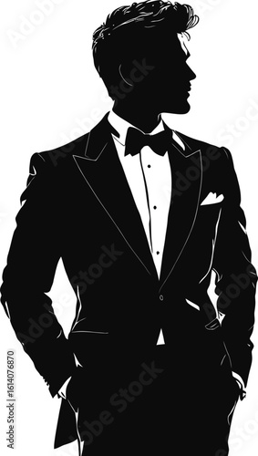 A striking black and white silhouette of a man wearing a formal tuxedo.