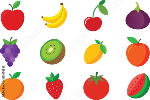 Set of Colorful fruits vector. Editable eps file illustration Apple, Bananas, Cherry, Fig, Grapes, Kiwi, mango, Nectarine, Orange, Strawberry, Tomato, Watermelon