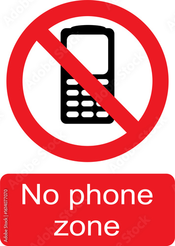 Black, white and red vector graphic of No phone zone prohibited warning sign