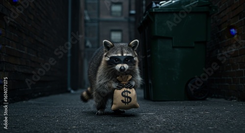 Raccoon bandit escapes alleyway with swag bag showcasing a mischievous and humorous scene