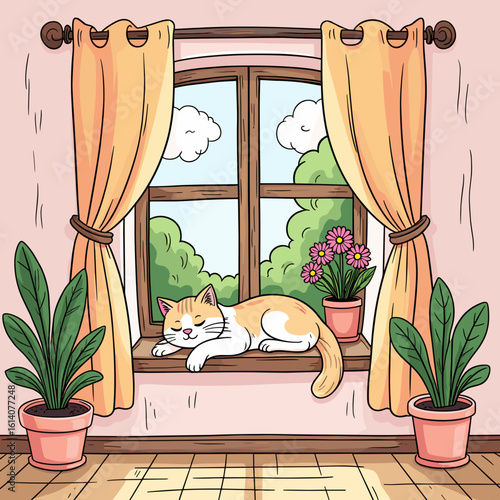 Cat relaxing on windowsill with plants and curtains indoors  