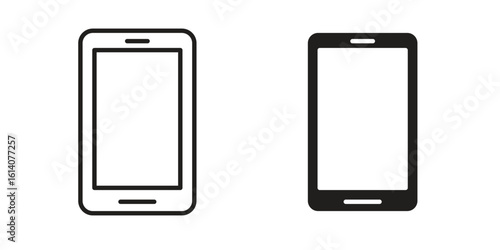 Cell phone icon in a black stroke vector design and flat solid version on white background
