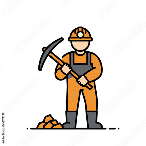 Miner holding pickaxe with rocks on the ground in work attire  