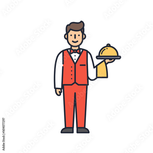 Waiter in red uniform holding a serving tray with food  