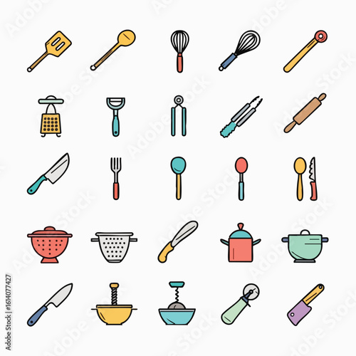 Colorful Kitchen Utensil Icons Set.