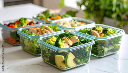 Healthy meal prep containers with various salads and protein
