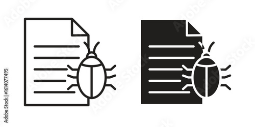 Bug report icon in a black stroke vector design and flat solid version on white background