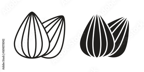 Almond icon in a black stroke vector design and flat solid version on white background