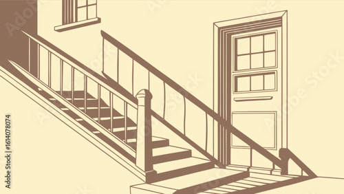 Illustration of staircase interior design with door and window in brown and beige color scheme art