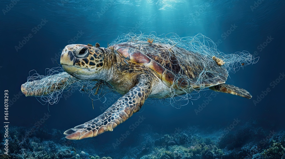 Obraz premium Marine turtle entangled in discarded plastic netting underwater with coral reef and sunlight streaming above