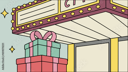 Illustration of city theater with gift boxes for christmas holiday celebration event show drawing