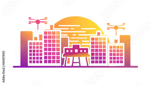 Drone photography and videography services over city skyline with buildings and sunset or sunrise view